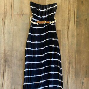 Navy Blue with White Tie Dye Ya Los Angeles Strapless Maxi Dress with Rope Belt